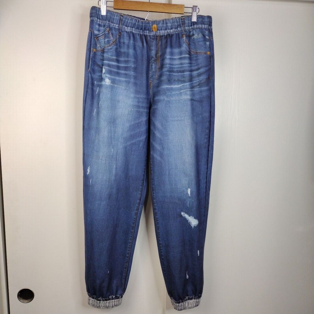 Democracy High Rise French Terry Denim Print Sweatpant Womens Size L Blue